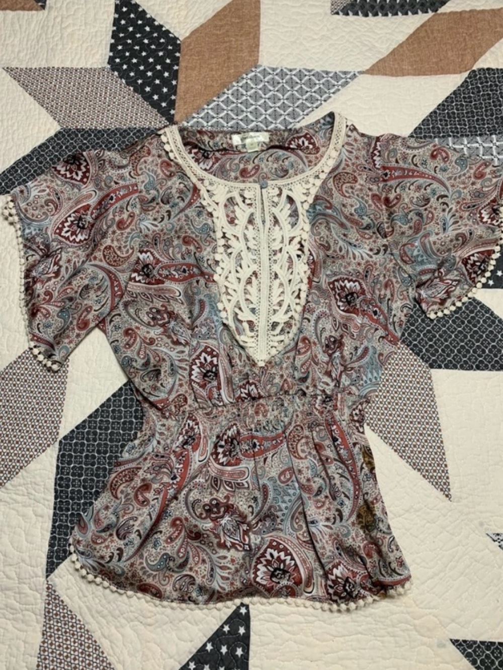 Dress Barn Paisley Lace-Front Flutter Sleeve Blouse in Red, Blue, Cream